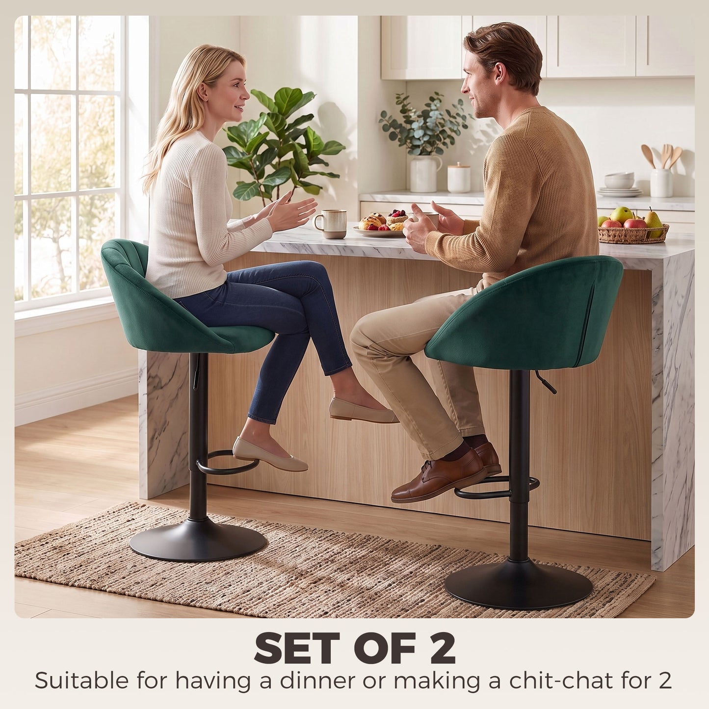 Bar Stools Set of 2 Adjustable Swivel Velvet Breakfast Bar Stools with Backrest, Dark Green
