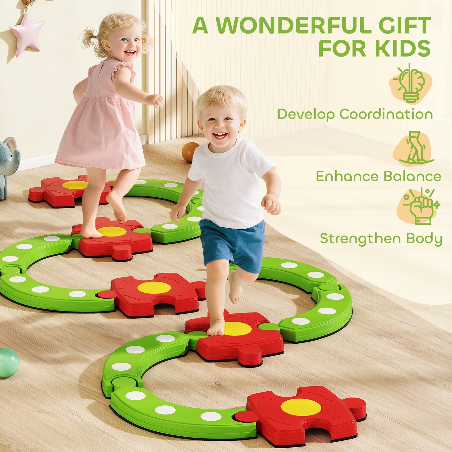 13 PCS Kids Balance Beam Stepping Stones Set with Non-slip Textured Surface, Outdoor Indoor for Toddlers, Green