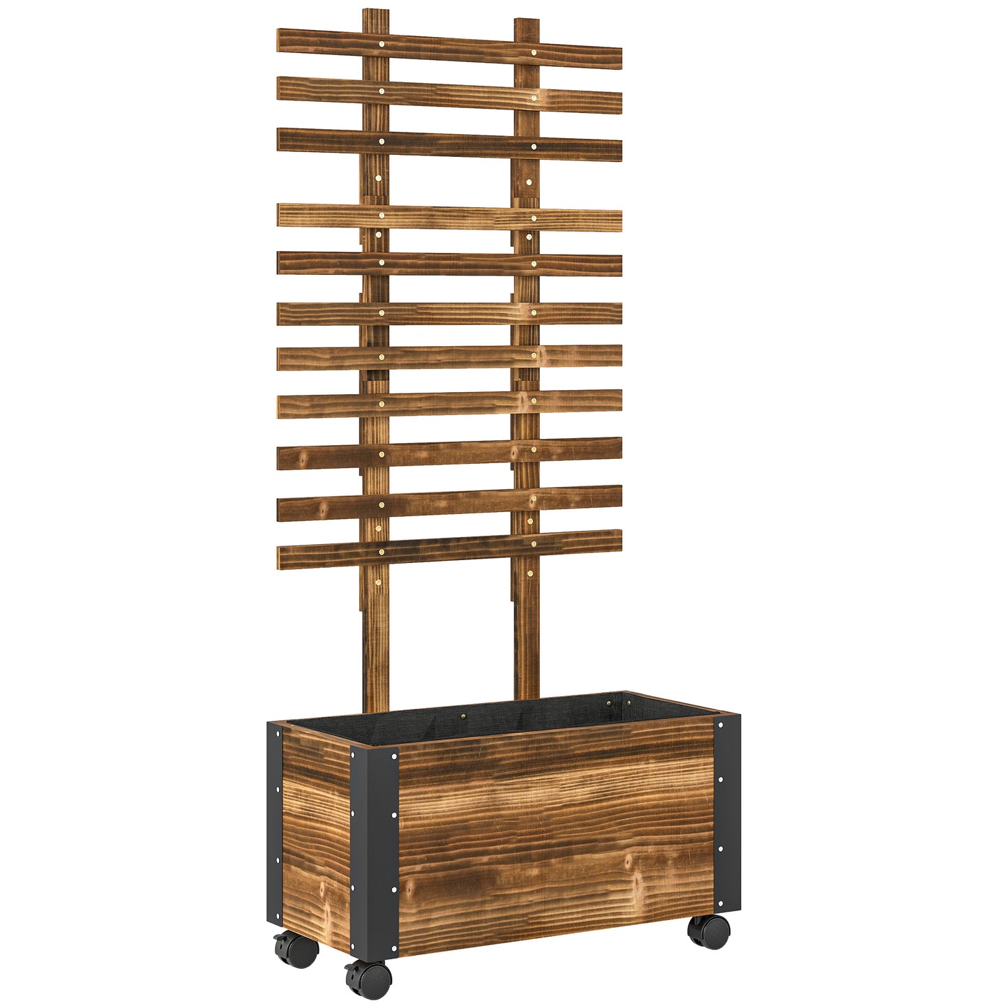 Raised Garden Bed with Trellis, Outdoor Wooden Planter Box with Metal Corners and Wheels, Raised Bed for Garden