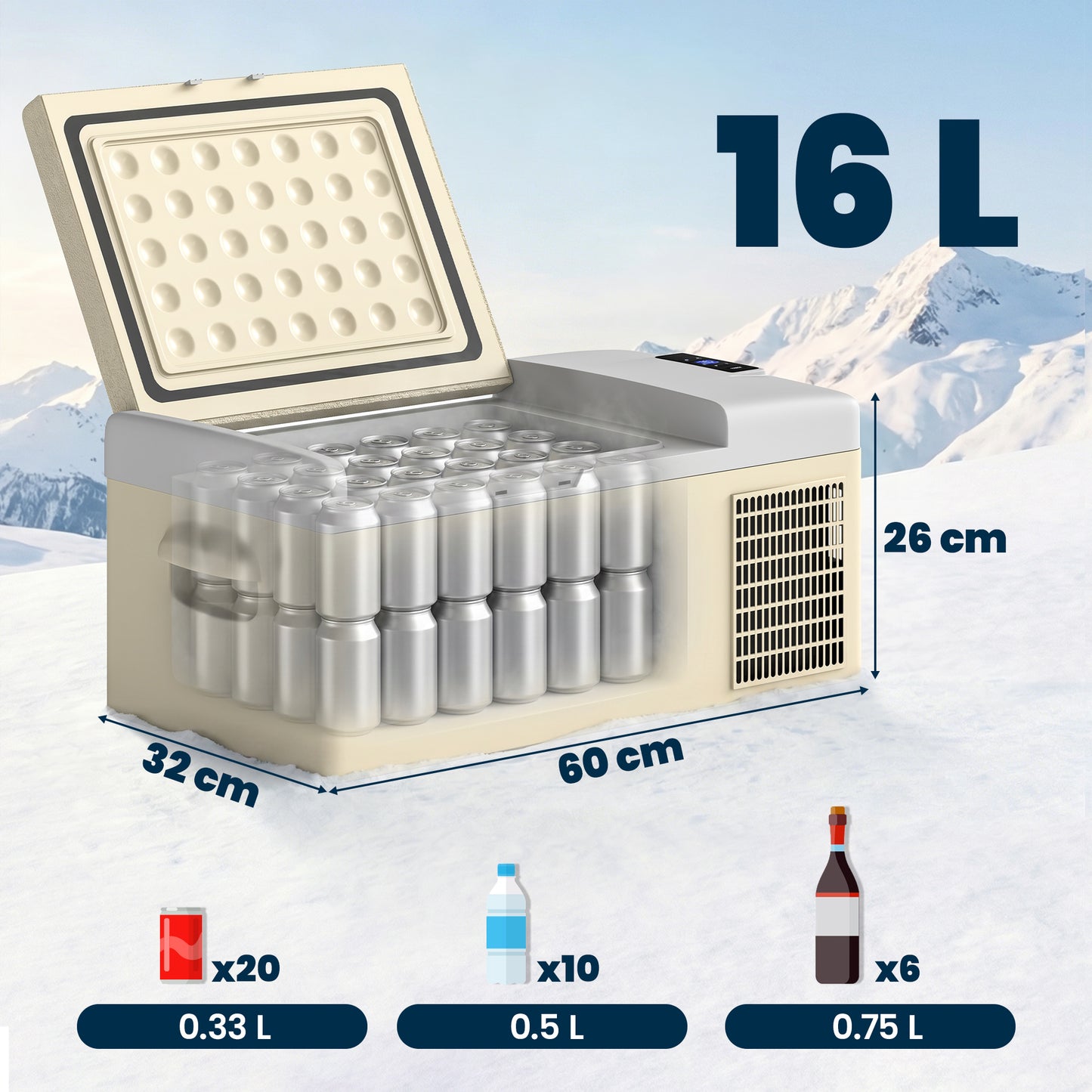 16L Portable Car Fridge, -20℃ to 10℃ Adjustable Temperature - Khaki/Grey