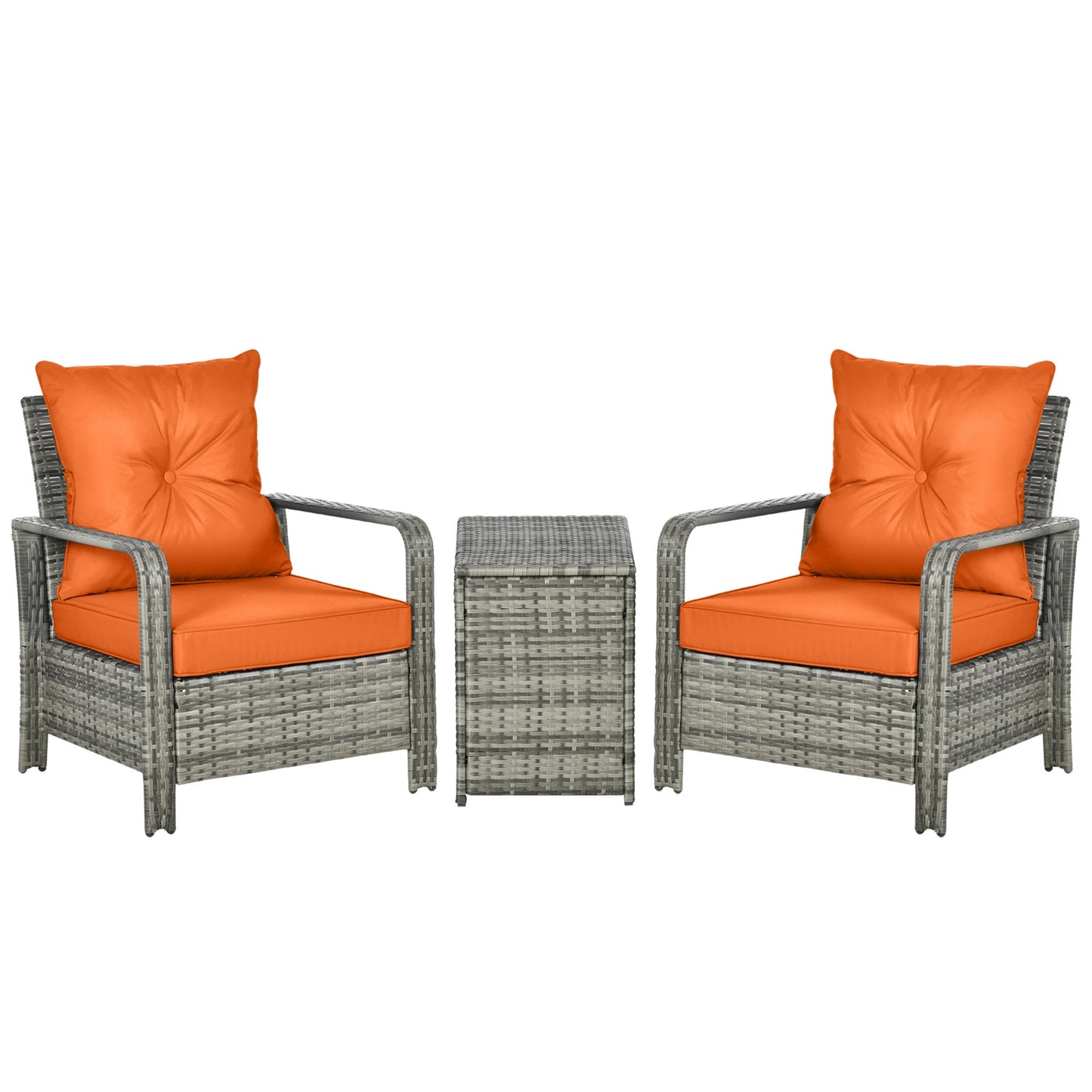 3 Pieces Rattan Bistro Set, Wicker Garden Furniture Set with 72 L Storage Coffee Table and Chairs, Orange