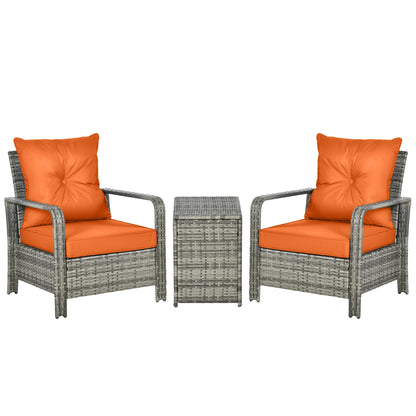 3 Pieces Rattan Bistro Set, Wicker Garden Furniture Set with 72 L Storage Coffee Table and Chairs, Orange