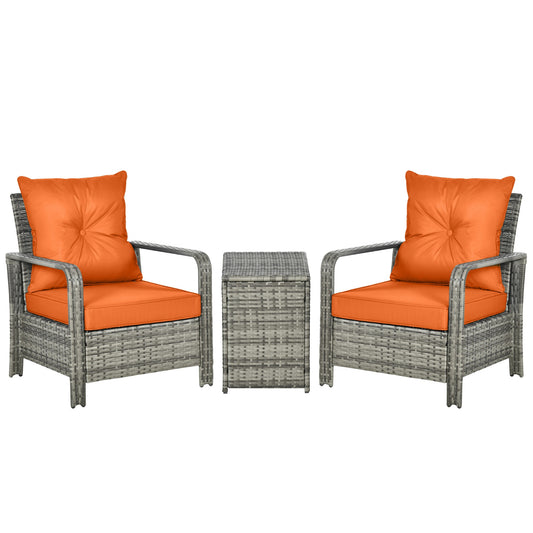 3 Pieces Rattan Bistro Set, Wicker Garden Furniture Set with 72 L Storage Coffee Table and Chairs, Orange