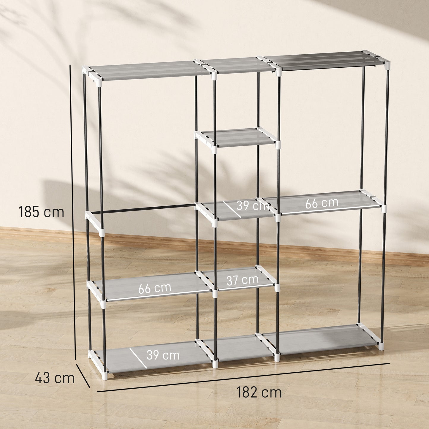 Portable Wardrobe, Open Clothes Wardrobe with 8 Shelves, 3 Hanging Rails, Light Grey