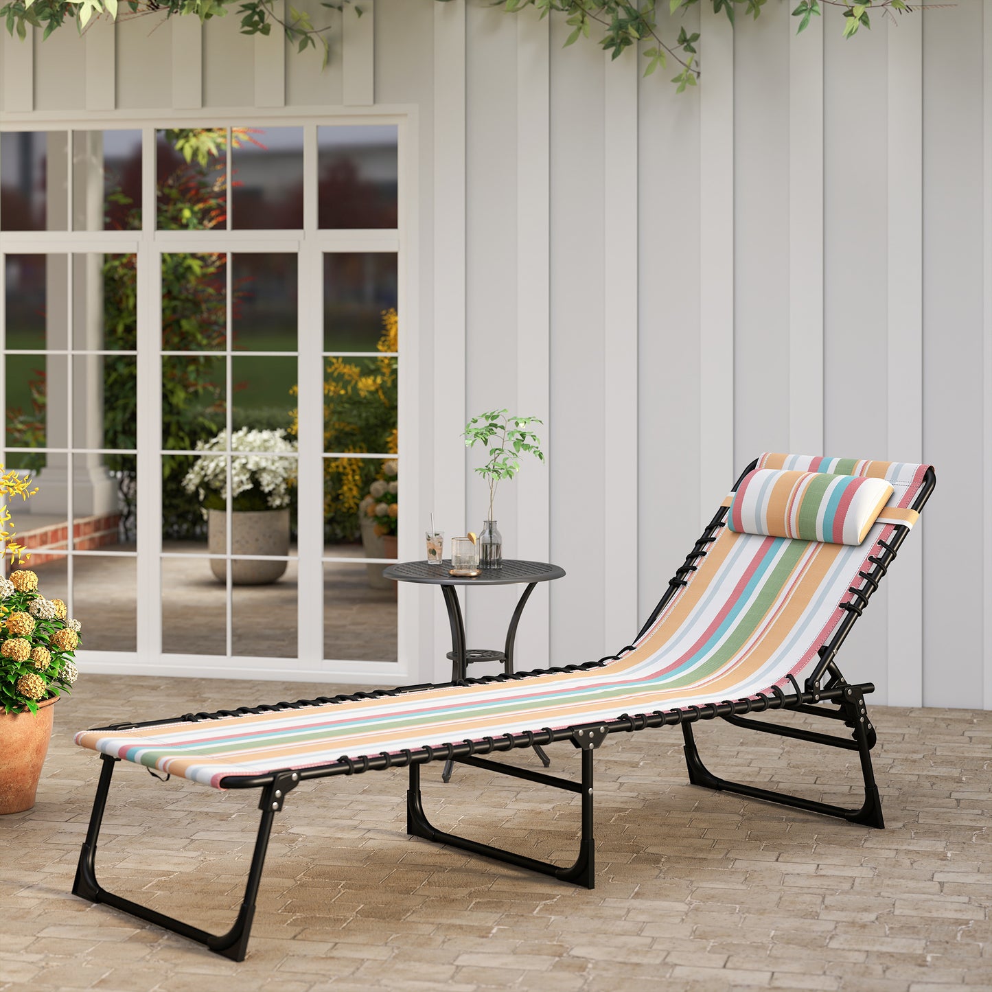 Folding Sun Lounger Beach Chaise Chair Garden Reclining Cot Camping Recliner with 4 Position Adjustable Multicolored