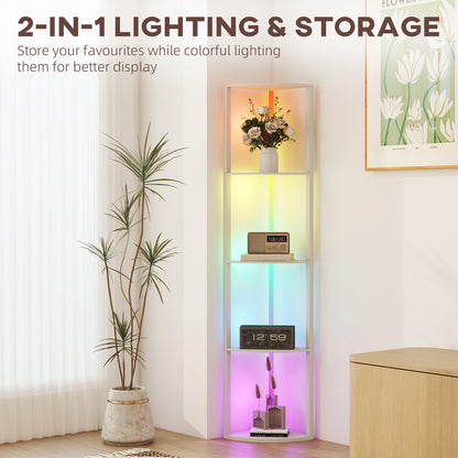 RGB LED Floor Lamp with Shelves, 4-Tier Dimmable Standing Lamp with Remote Control, Oak