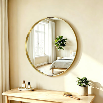 Round Wall Mirror 61 cm, Wall Mounted Bathroom Mirror with Tempered Safety Glass and Aluminium Alloy Frame, Gold Tone
