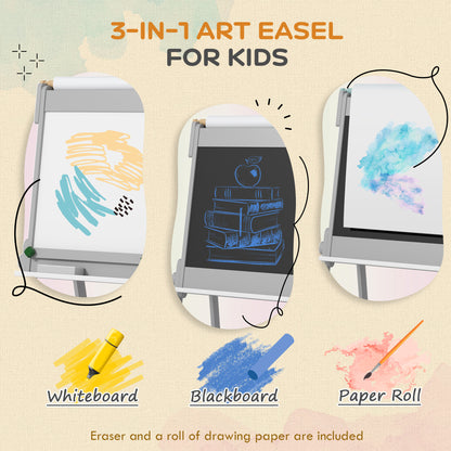 Art Easel for Kids with Paper Roll, Double-Sided Painting Easel with Chalkboard, Whiteboard