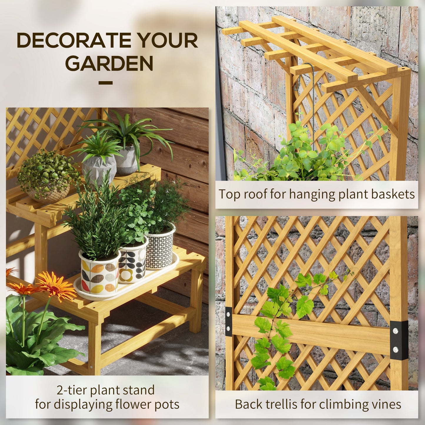 Wooden Plant Stand, with Trellis - Natural Finish