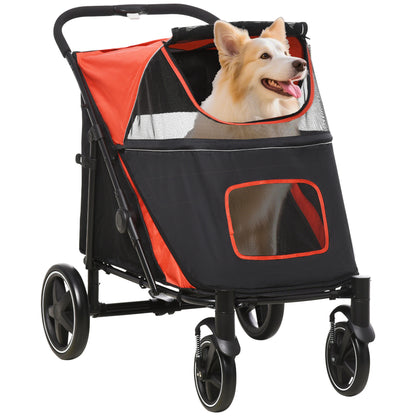 Foldable Pet Stroller, with Universal Wheels, Shock Absorber, for Medium and Large Dogs - Red