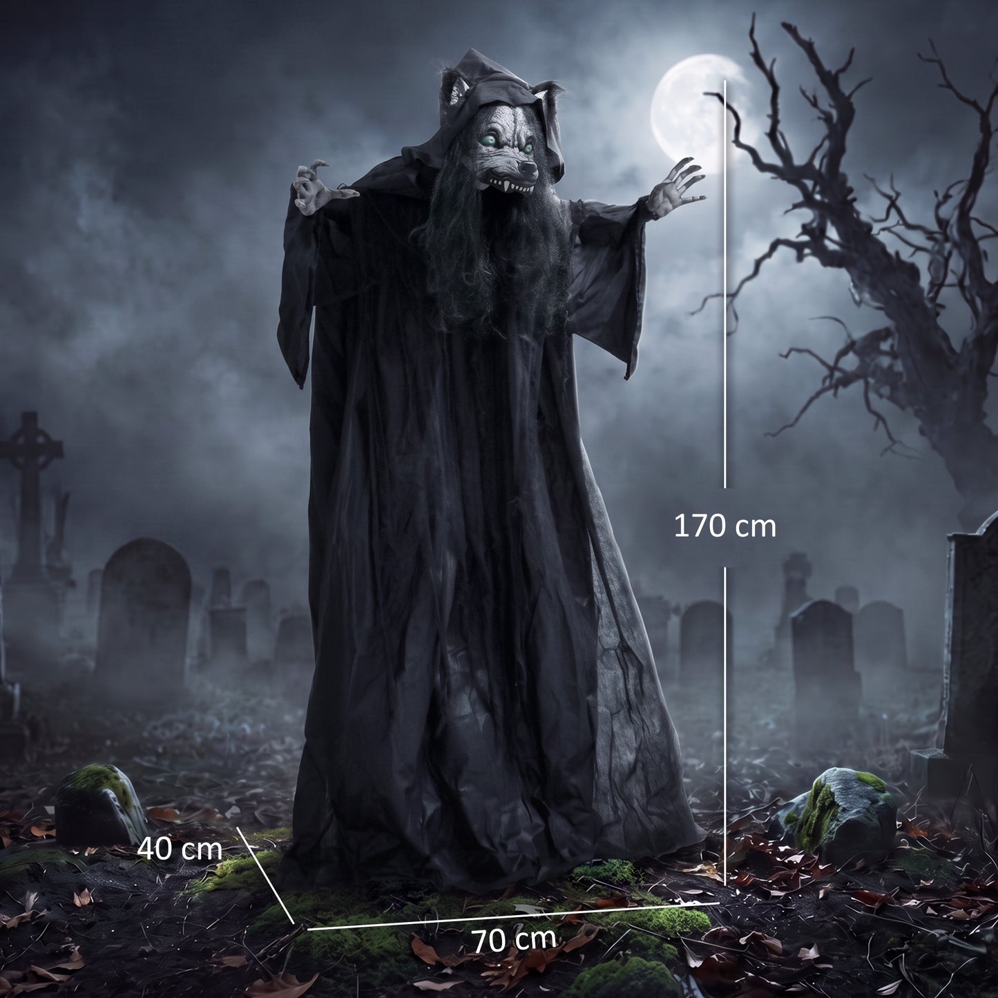 67"/170cm Life Size Animated Ghost with Werewolf Mask, Halloween Decorations Outdoor Indoor, Scary Halloween Animatronic