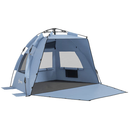 2-3 Person Pop Up Beach Tent, UPF15+ Sun Shelter with Extended Floor, Sandbags, Mesh Windows and Carry Bag, Light Blue