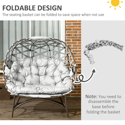 2 Seater Egg Chair Outdoor, Folding Weave Garden Furniture Chair with Cushion, Cup Pockets - Light Grey