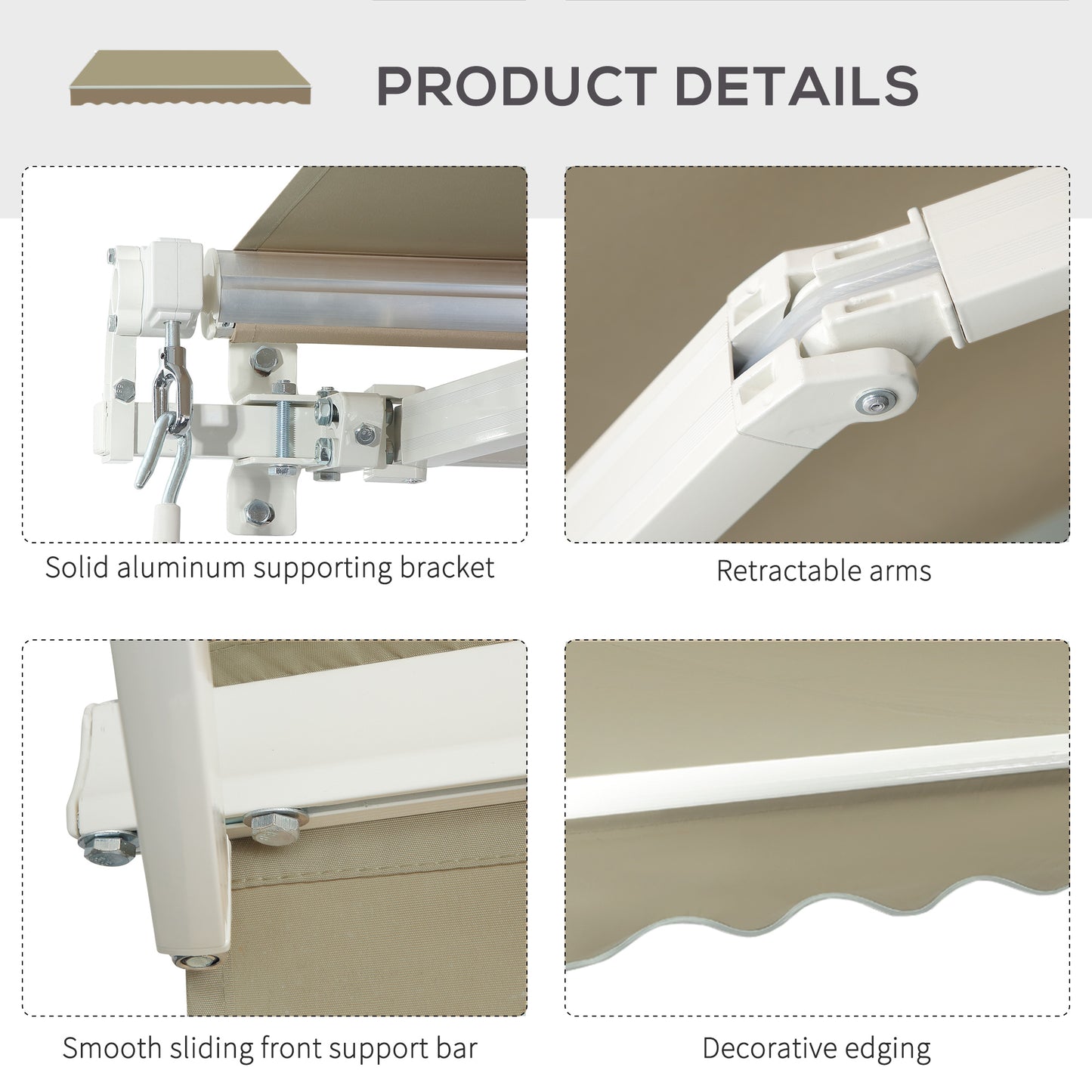 2.5x2 m Manual Retractable Awning-Khaki Canopy, White Frame