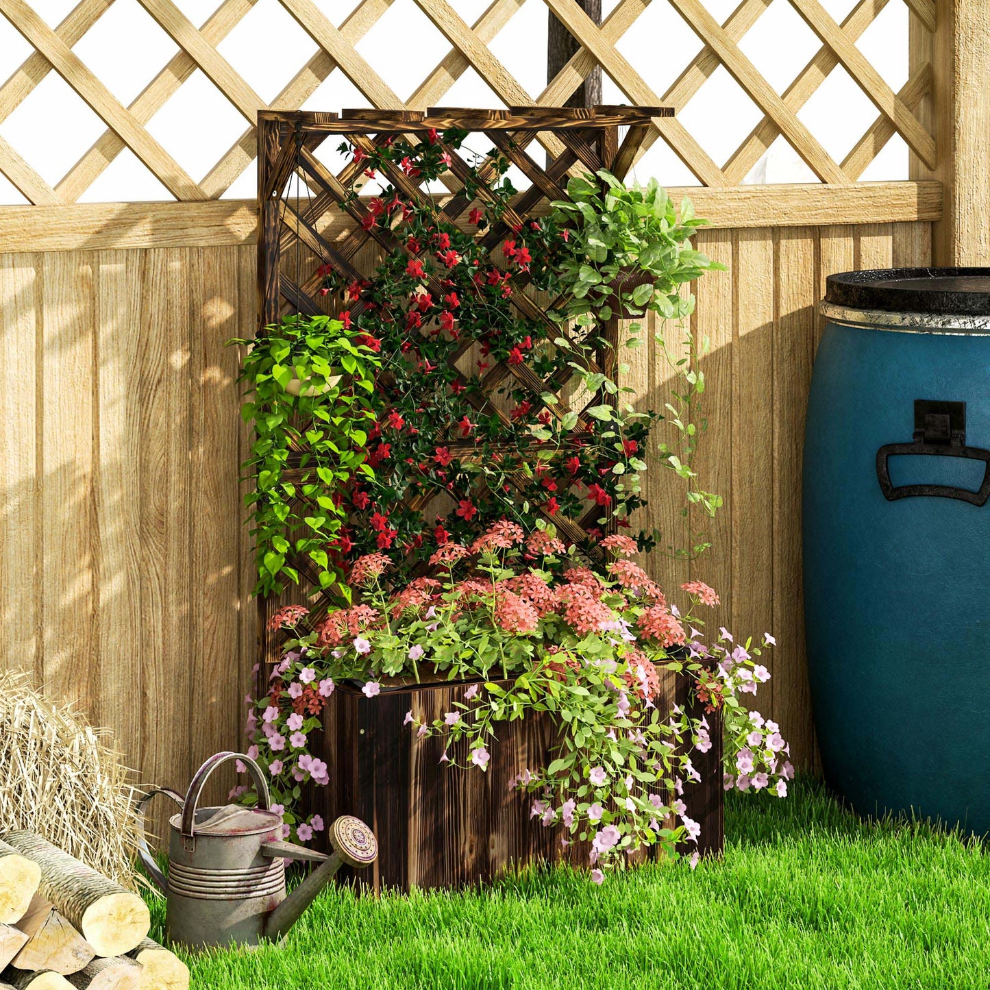 Wooden Planter with Trellis, Freestanding Raised Garden Bed with Drainage Holes