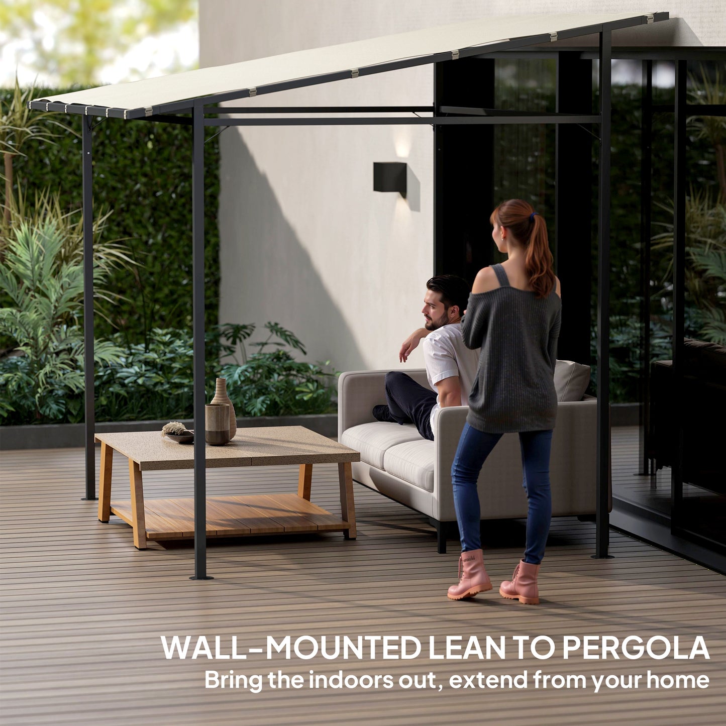 2.4 x 2.4 m Wall Mounted Pergola Gazebo with PA Coating Fabric and Metal Frame, UPF30+, Lean to Garden Gazebo