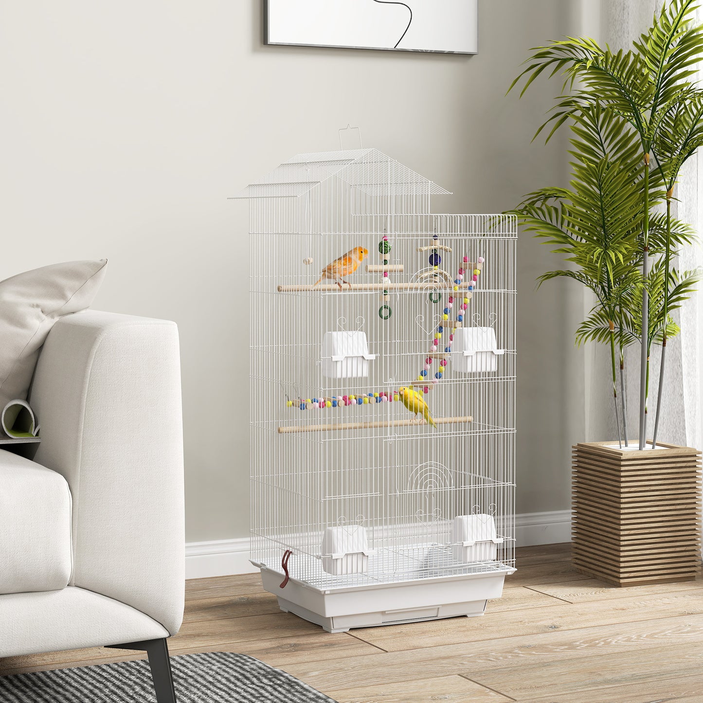 Bird Cage for Budgies, Finches, Canaries w/ Accessories, Toys, Tray, White
