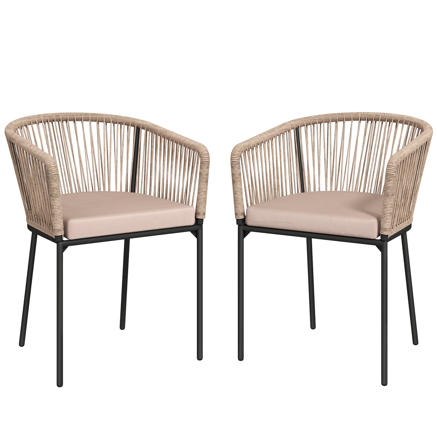 Garden Chairs Set of 2, Rattan Garden Dining Chairs with String Back Armrests, Cushions, Natural Wood Finish