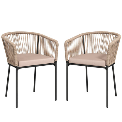 Garden Chairs Set of 2, Rattan Garden Dining Chairs with String Back Armrests, Cushions, Natural Wood Finish