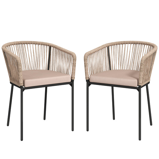 Garden Chairs Set of 2, Rattan Garden Dining Chairs with String Back Armrests, Cushions, Natural Wood Finish
