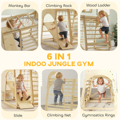 6 in 1 Kids Climbing Frame with Slide, Monkey Bars, Gymnastics Rings, Ladder, Climbing Net, for 3-6 Years, Natural Tone