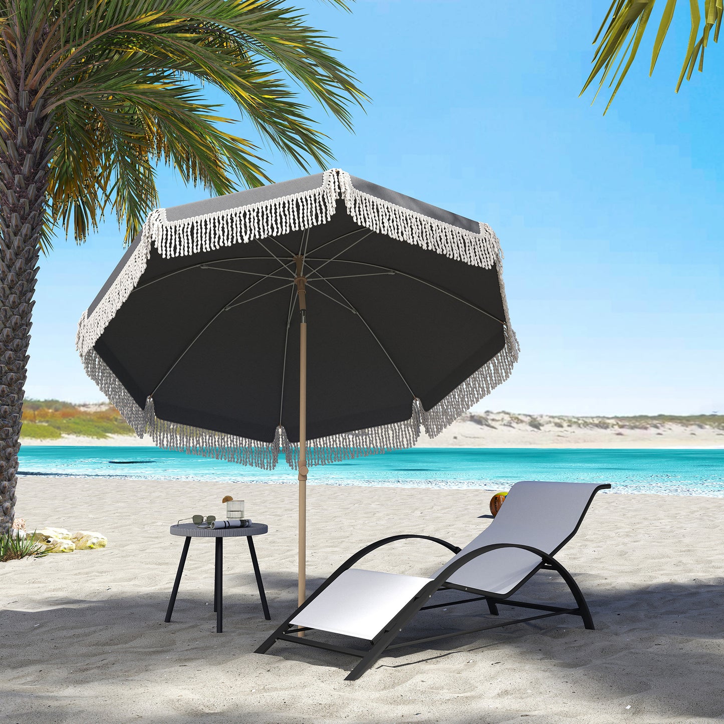1.7 m Beach Umbrella with Sand Anchor, 30° Tilting Fringed Beach Garden Parasol with Adjustable Height, Grey