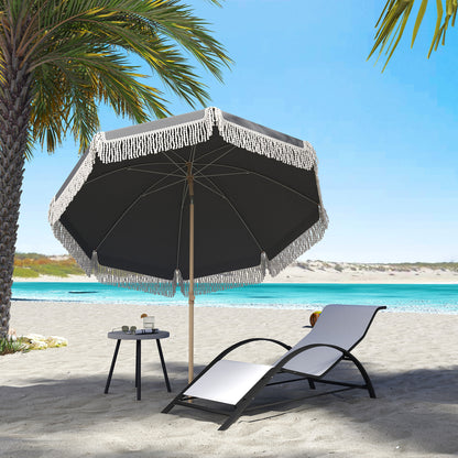 1.7 m Beach Umbrella with Sand Anchor, 30° Tilting Fringed Beach Garden Parasol with Adjustable Height, Grey