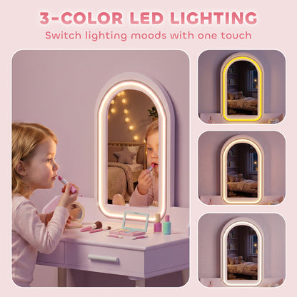 Kids Dressing Table, Girls Vanity Set with Stool, 3-Colour LED Lights Mirror, Large Drawer for Ages 3-8, Pink