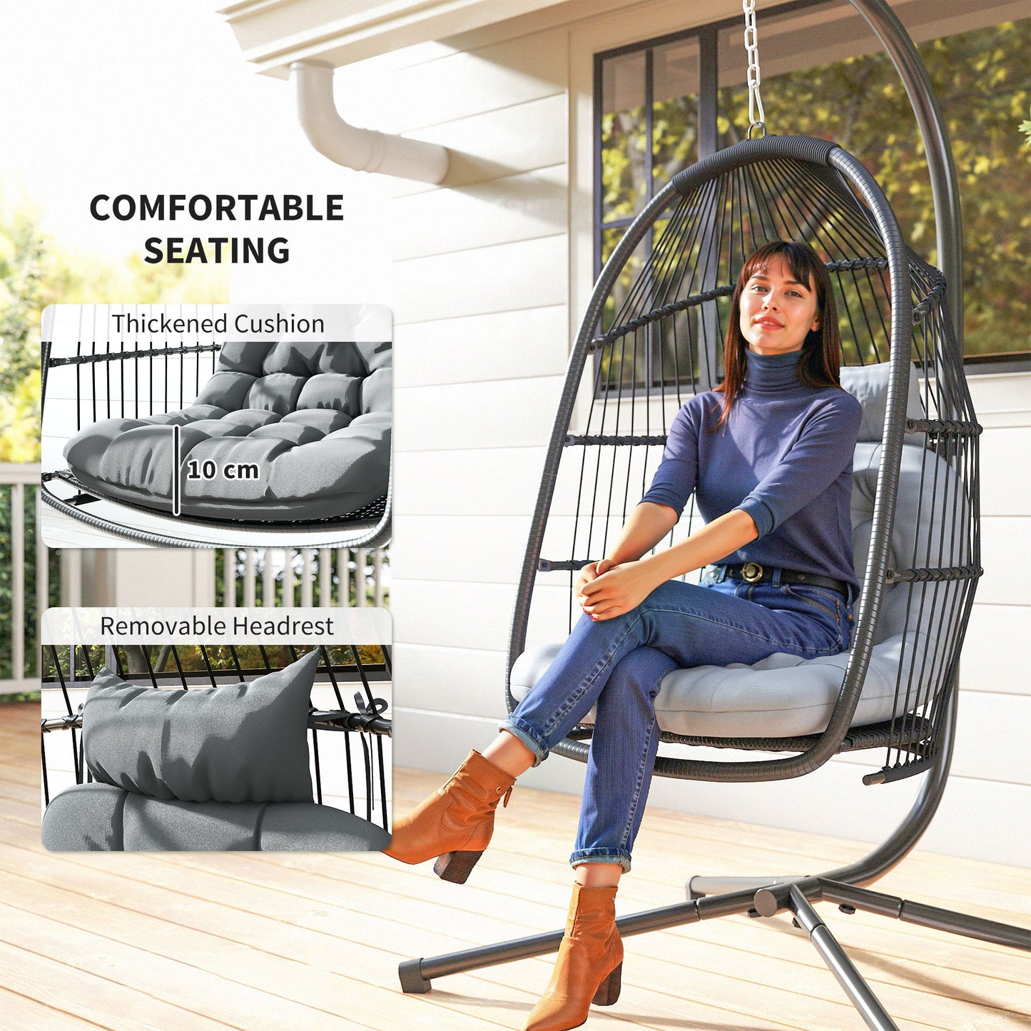 Rattan Hanging Egg Chair with Stand, Foldable Wicker Swing Egg Chair with Cushion, Head Pillow, Steel Frame