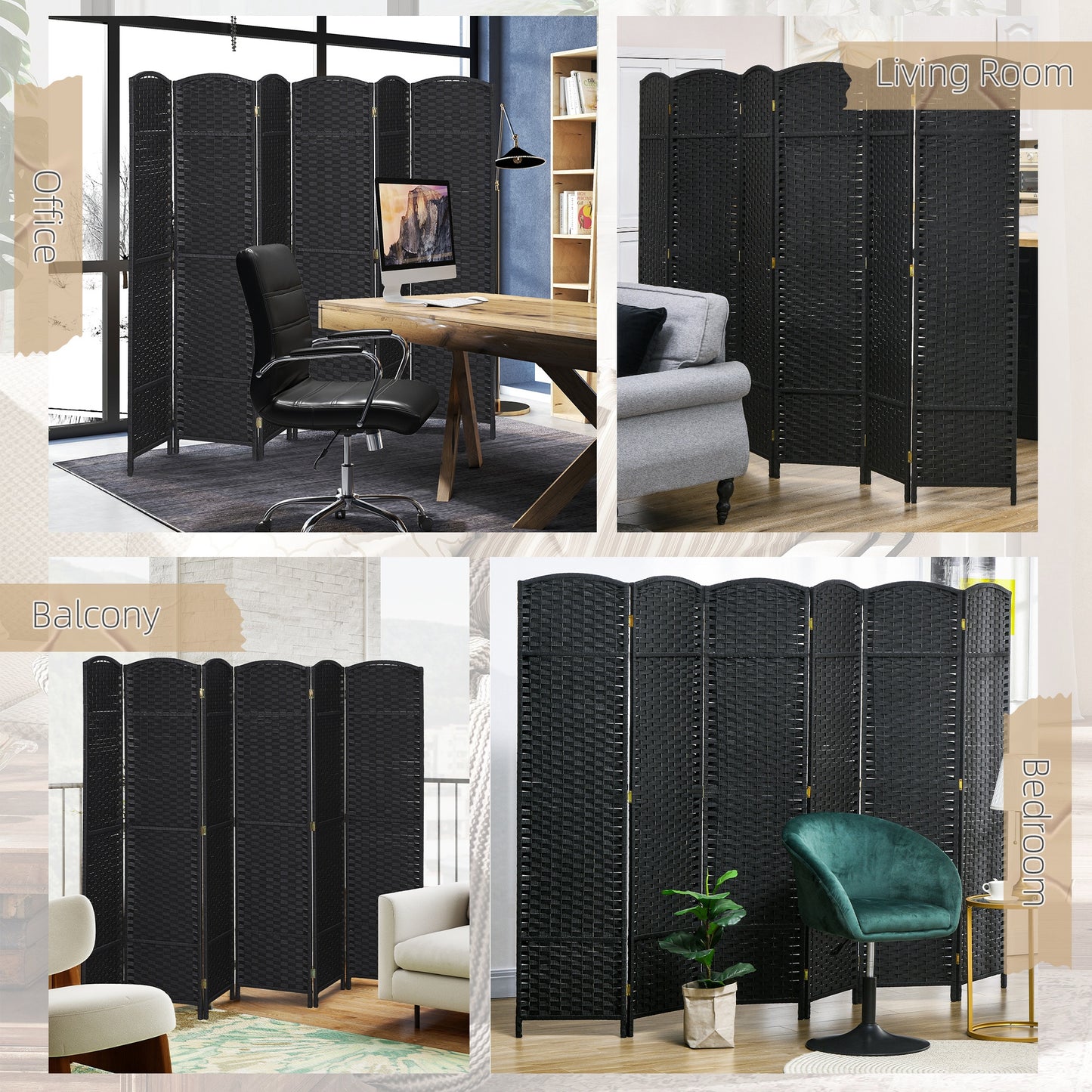 6 Panel Folding Room Divider, Freestanding Privacy Screen for Living Room, Bedroom and Office, 240 x 170cm, Black