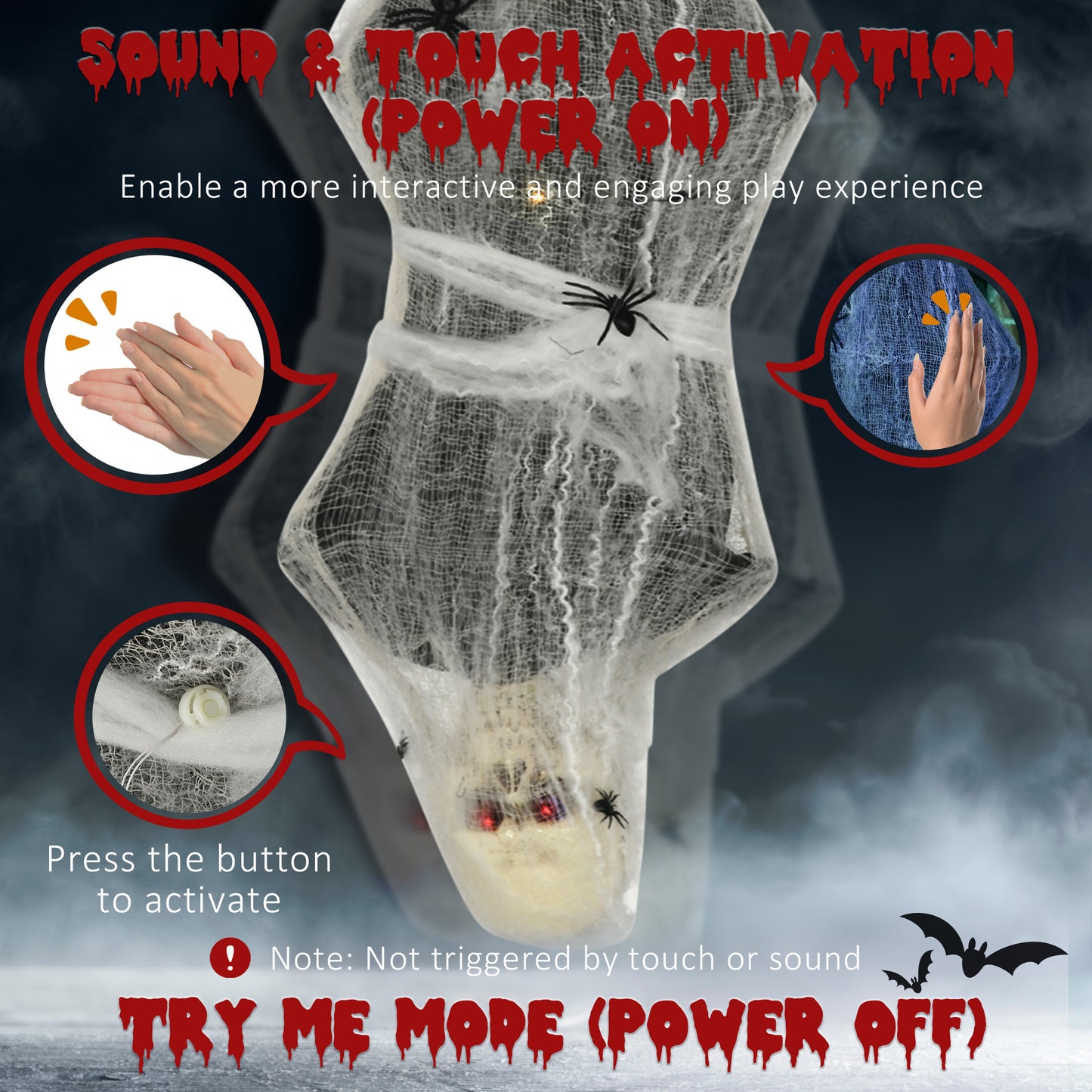 4.7ft Life Size Outdoor Halloween Decoration Hanging Mummy with Spider Web, Animated Prop Decor