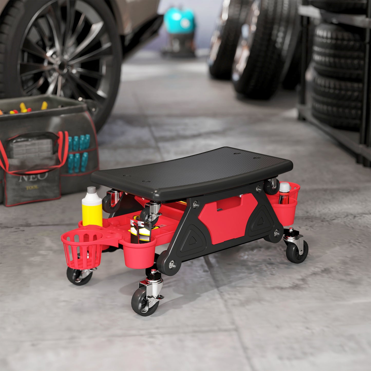 Rolling Mechanic Stool, 135kg Capacity Workshop Stool with 360° Swivel Wheels, Roller Creeper Seat with Slide Out Tool Trays