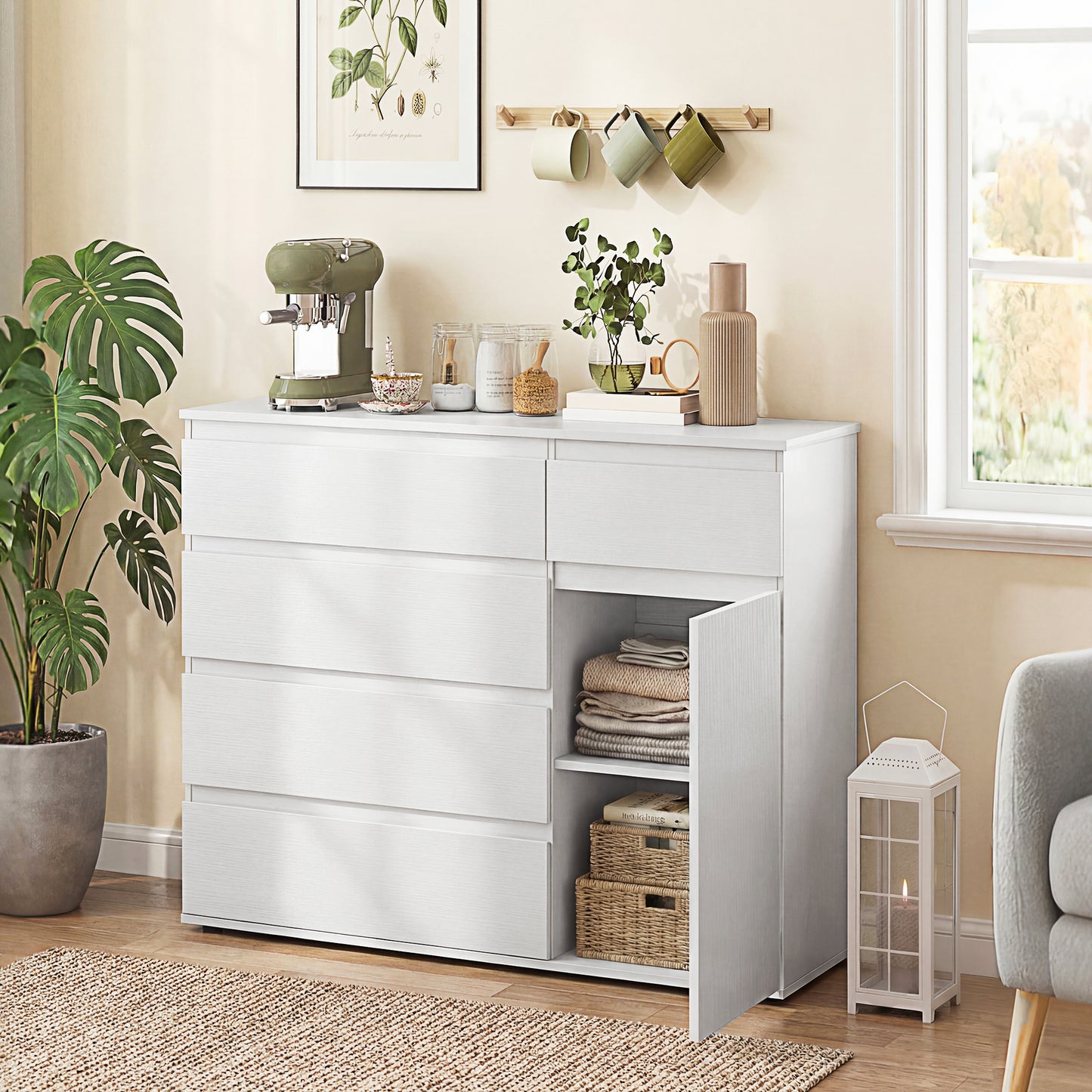 Modern Chest Of Drawers, 5 Drawer Dresser with Adjustable Shelf, Soft-Close Door, White