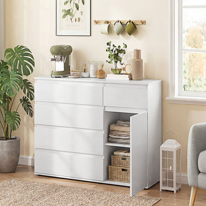 Modern Chest Of Drawers, 5 Drawer Dresser with Adjustable Shelf, Soft-Close Door, White