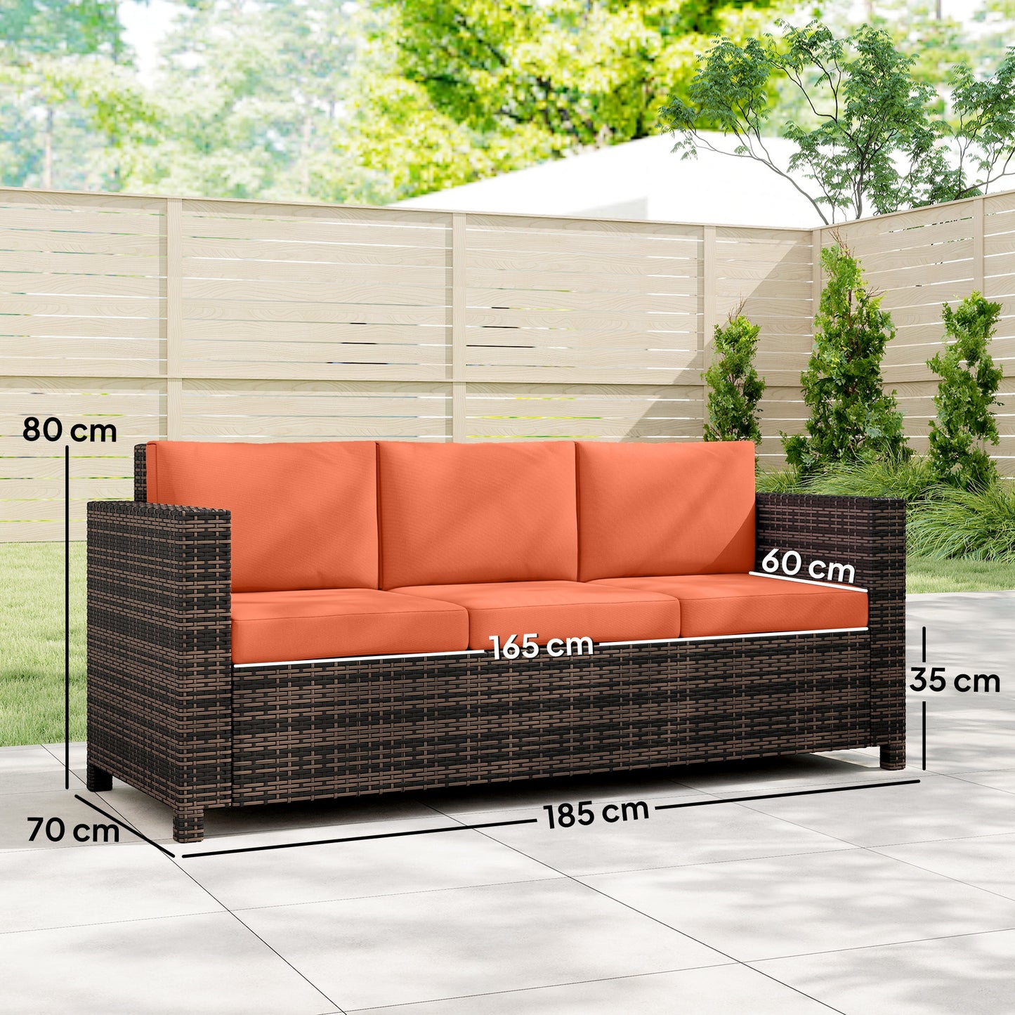 3-Seater Weather Resistant Outdoor Garden Rattan Sofa Orange