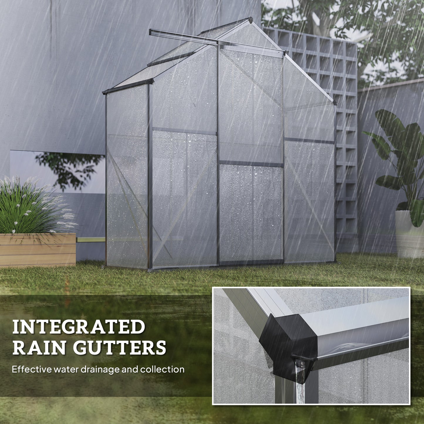 6 x 2.5ft Polycarbonate Greenhouse Walk-In Green House with Rain Gutter, Sliding Door, Window, Foundation, Dark Grey