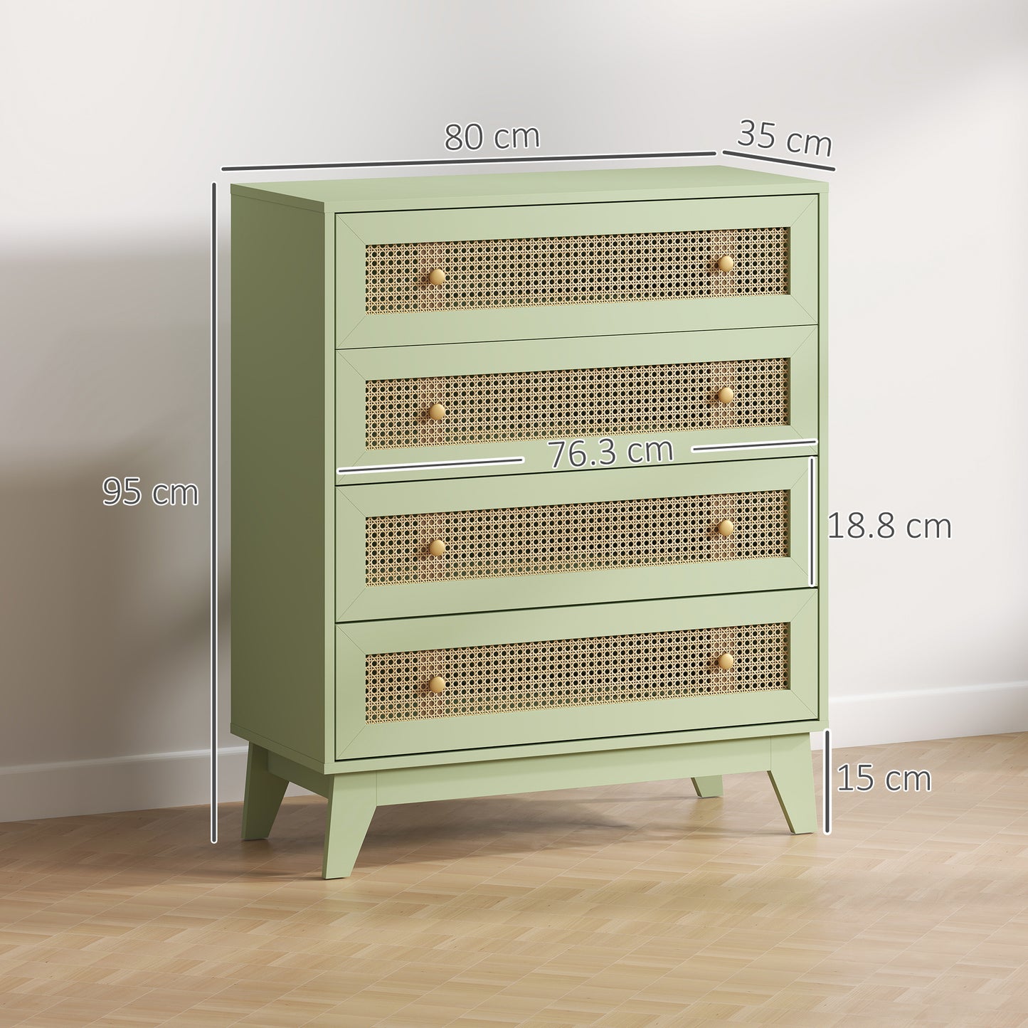 Rattan Chest of Drawers, 4 Drawer Storage Unit with Tapered Legs, Bedroom Storage Organiser Dresser for Bedside, Entryway