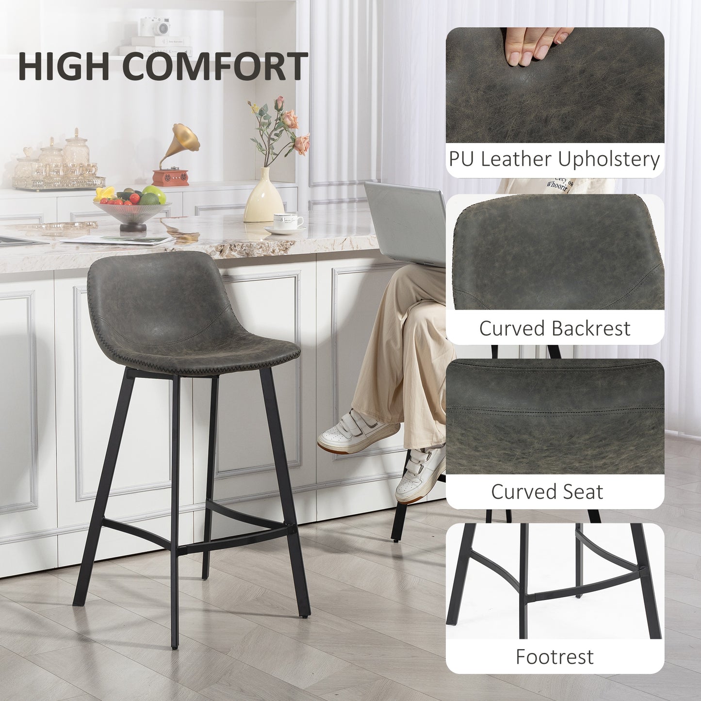Bar Stools Set of 2, PU Leather Dining Stools with Backrest, Footrest, for Kitchen, Counter, Breakfast Bar, Grey