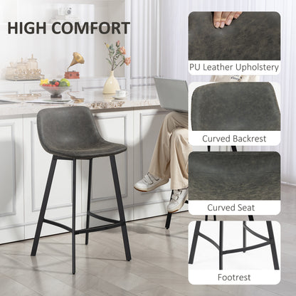 Bar Stools Set of 2, PU Leather Dining Stools with Backrest, Footrest, for Kitchen, Counter, Breakfast Bar, Grey