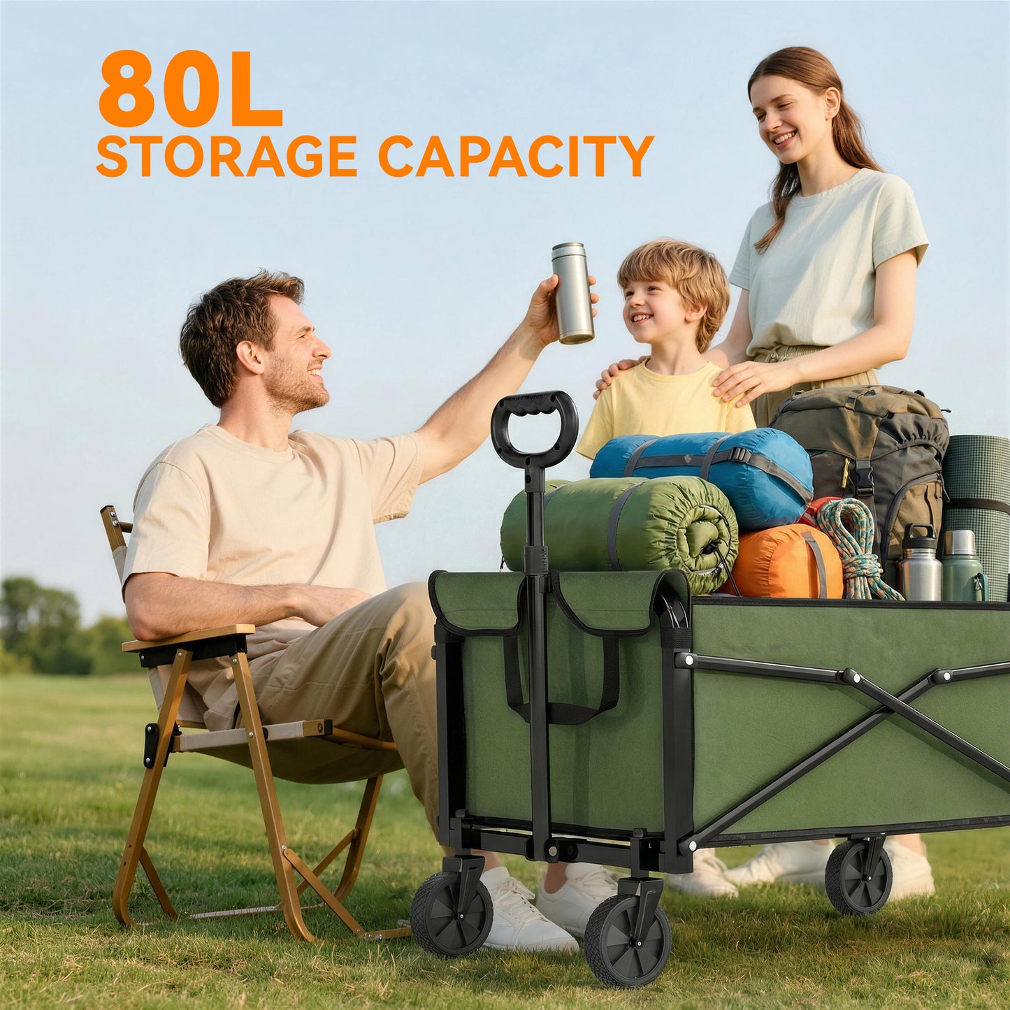 81L Festival Trolley on Wheels, Compact Garden Folding Trolley Cart with Adjustable Handle 80L Green