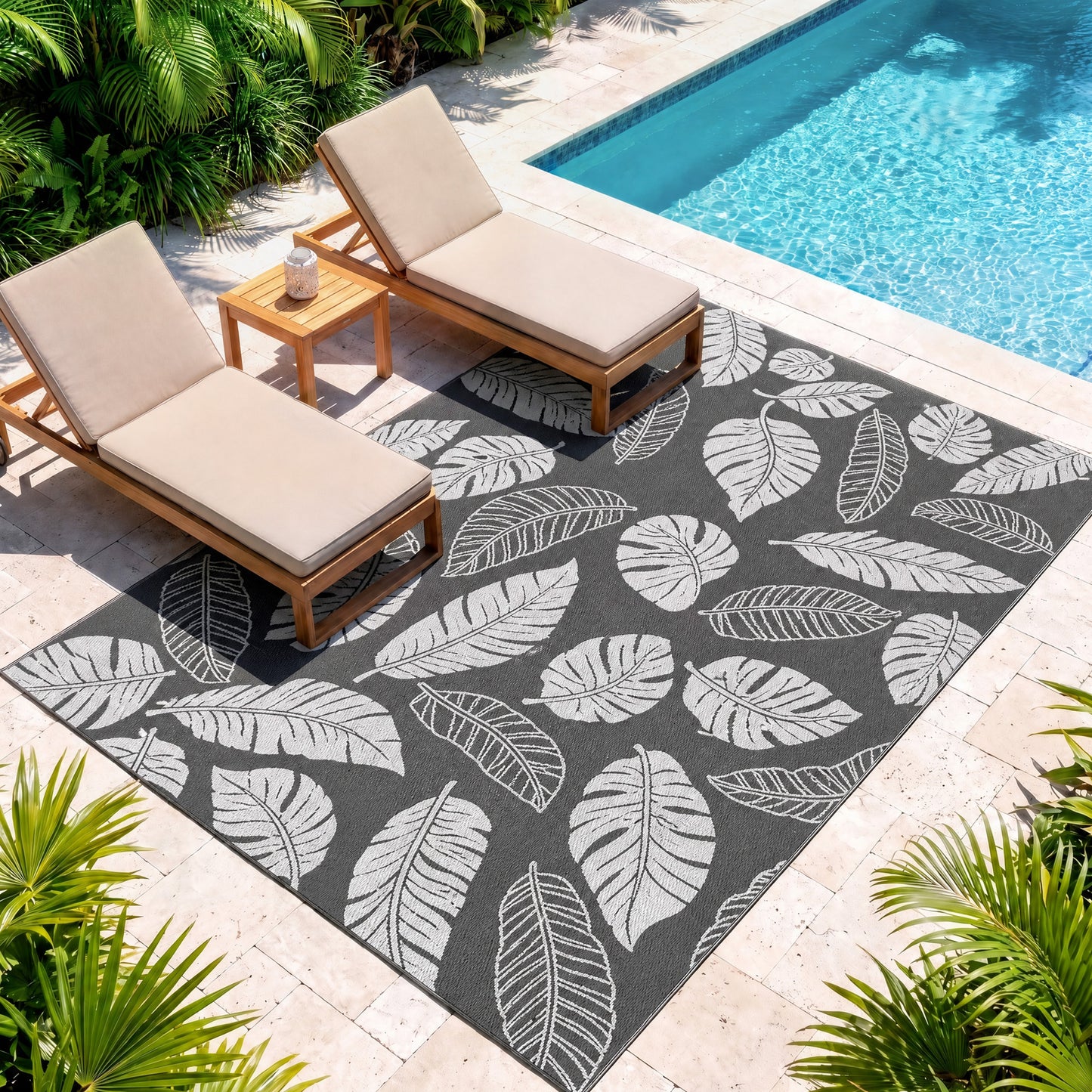 Plastic Straw Reversible RV Outdoor Rug with Carry Bag, 182 x 274cm, Grey and White