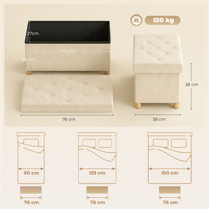 Velvet Upholstered Foldable Ottoman Footrest, Storage Ottoman Bench with Wood Legs for Living Room, Cream White