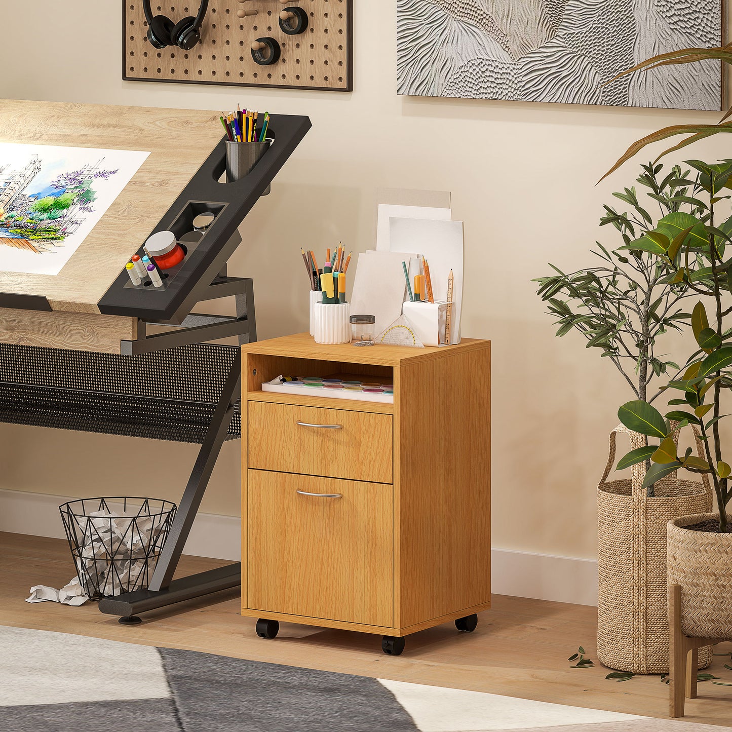 Filing Cabinet, Mobile File Cabinet with 2 Lockable Drawers, Office Home Organiser on Wheels for A4