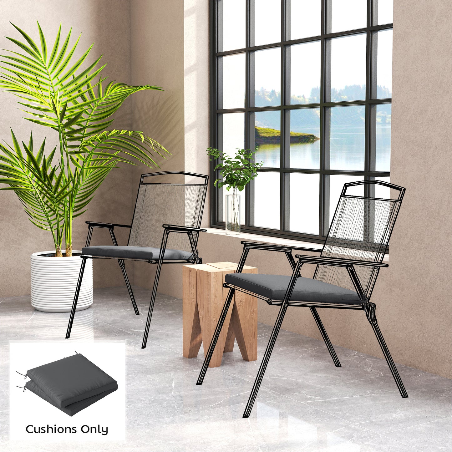 Outdoor Seat Cushions Set of 2 with Ties, Waterproof Garden Seat Pads, Dark Grey