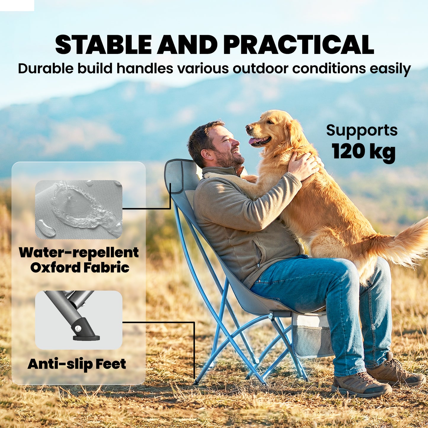 Camping Chair for Adults Heavy Duty Folding Camp Chair with Side Pocket and Carry Bag Light Grey