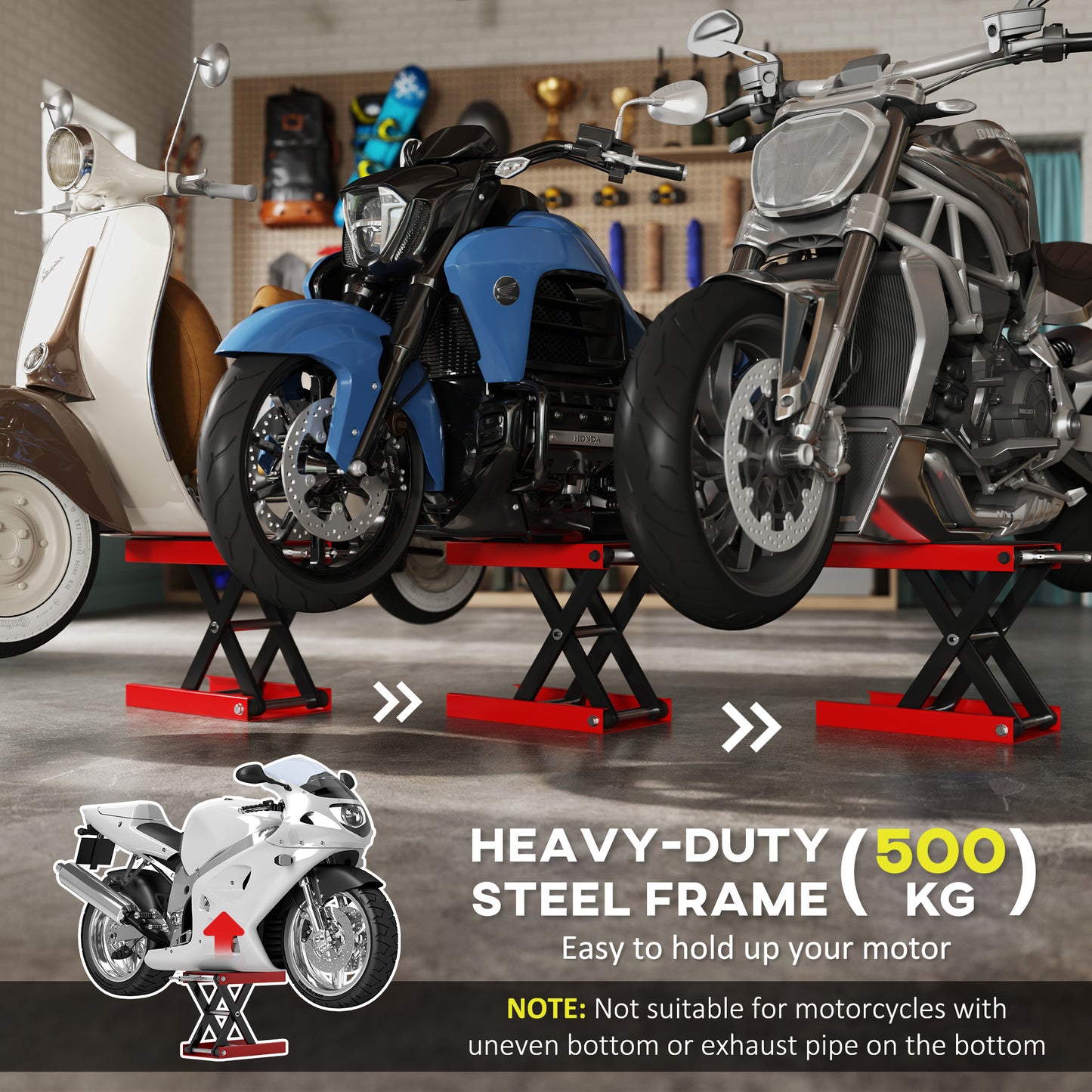 500KG Motorcycle Lift Scissor Jack, Height Adjustable Motorbike Stand with Anti-Slip Wide Deck