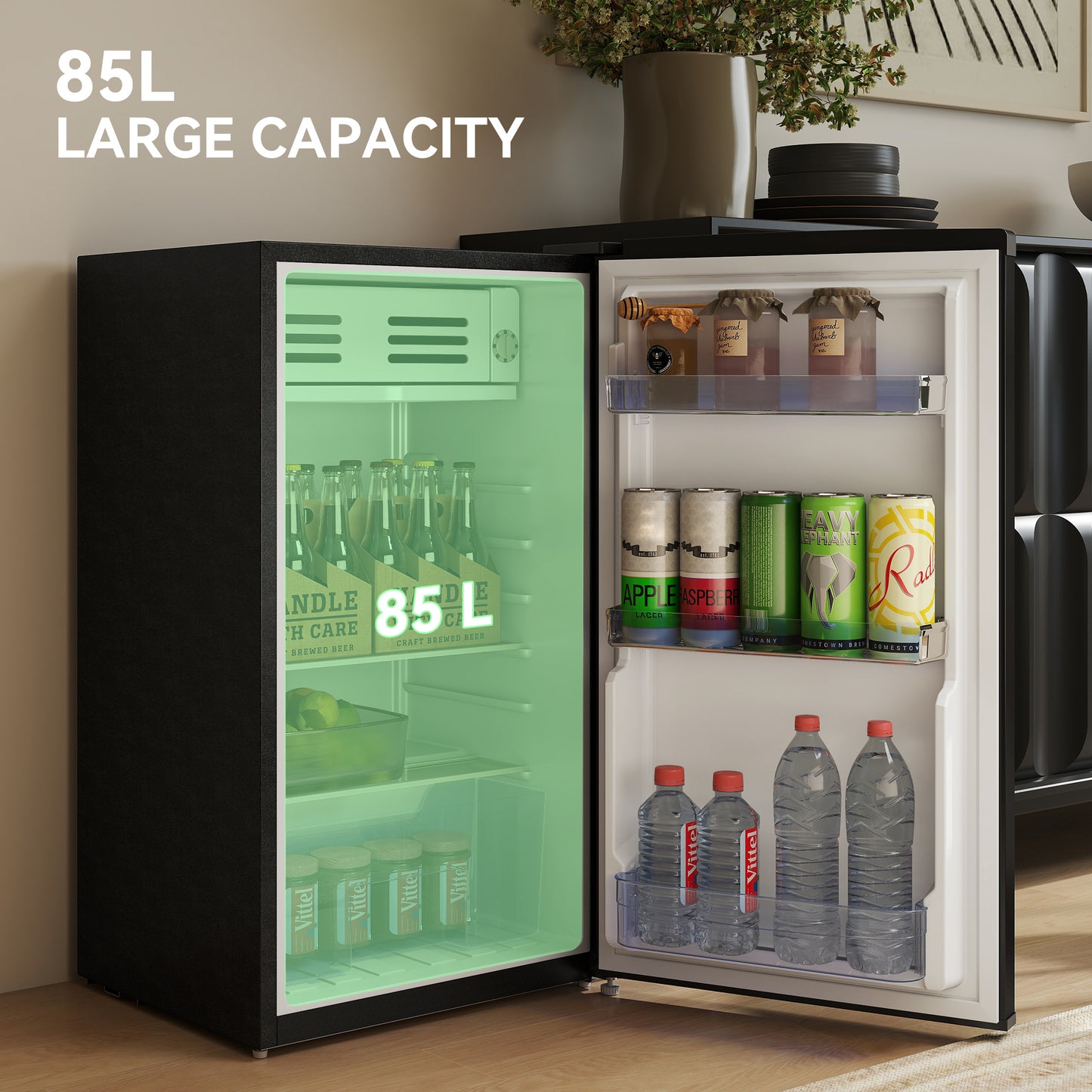 Under Counter Fridge, 85L Small Retro Refrigerator with Chiller Box, Adjustable Thermostat, Glass Shelves, Black