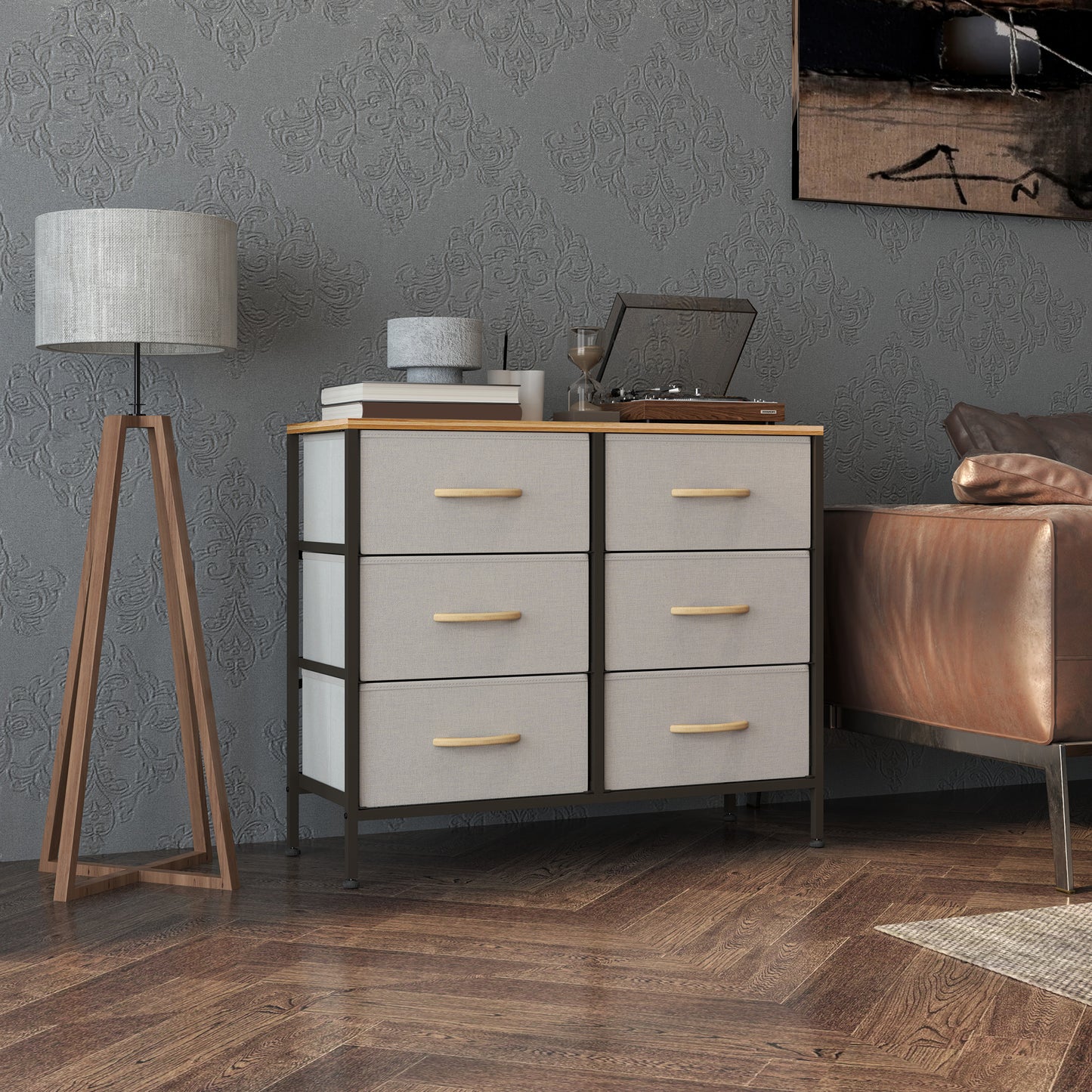 Fabric Chest of Drawers, Industrial Bedroom Dresser with 6 Fabric Drawers, Steel Frame and Wooden Top for Nursery