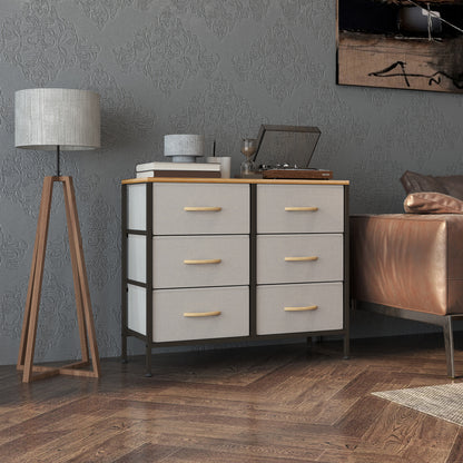 Fabric Chest of Drawers, Industrial Bedroom Dresser with 6 Fabric Drawers, Steel Frame and Wooden Top for Nursery