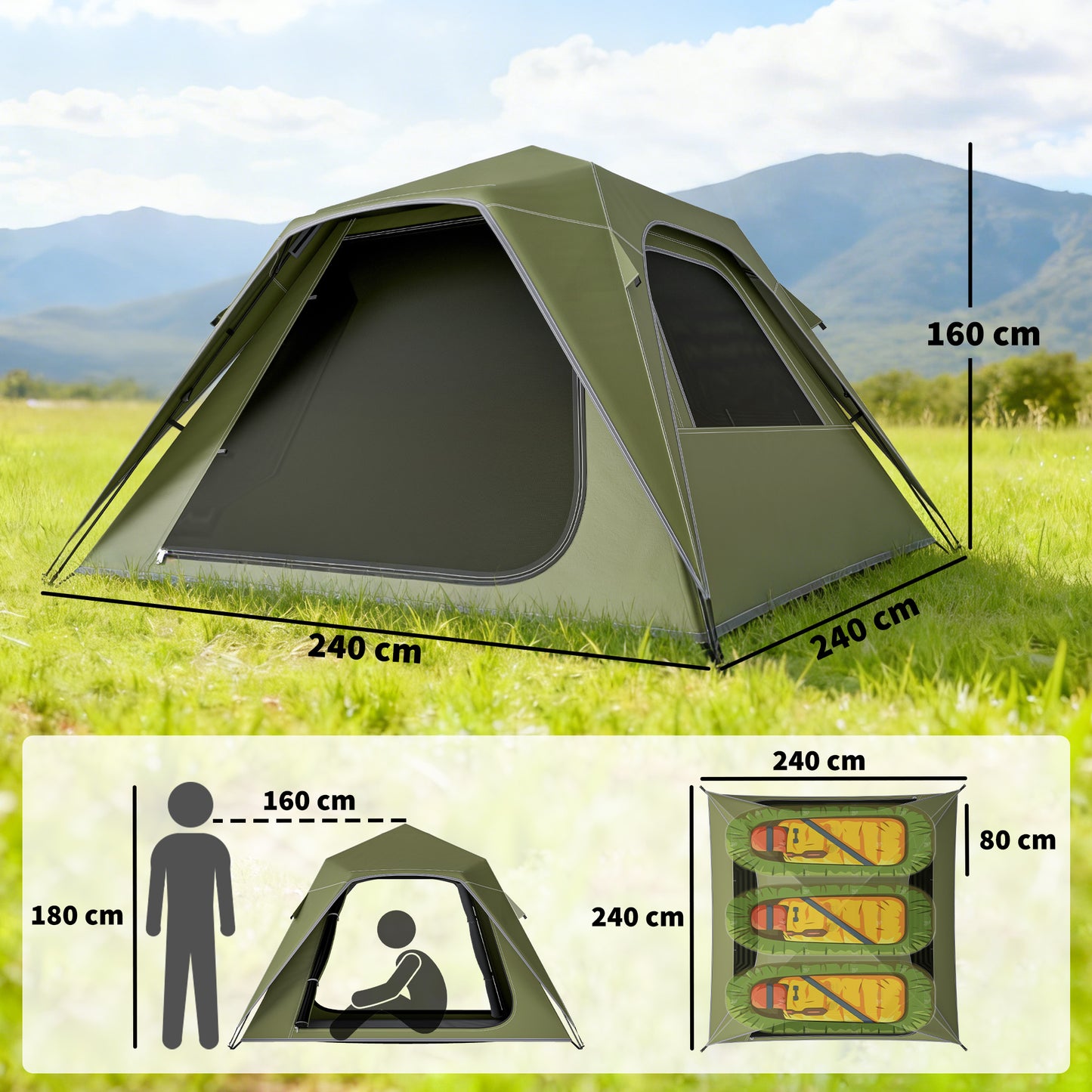 Pop Up Tent 3000mm Waterproof Camping Tents with Mesh Windows 2-3 People Green